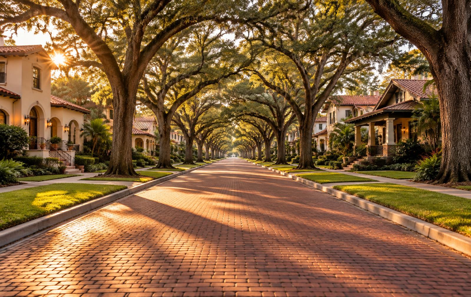 Historic brick-paved College Park street shaded by mature live oaks and lined with 1920s bungalows and Mediterranean Revival homes