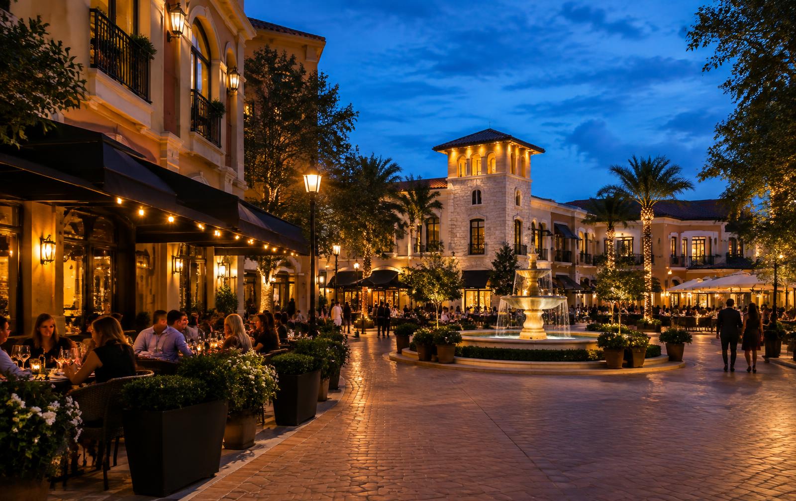 Elegant Tuscan-inspired dining piazza at dusk in the Dr. Phillips area