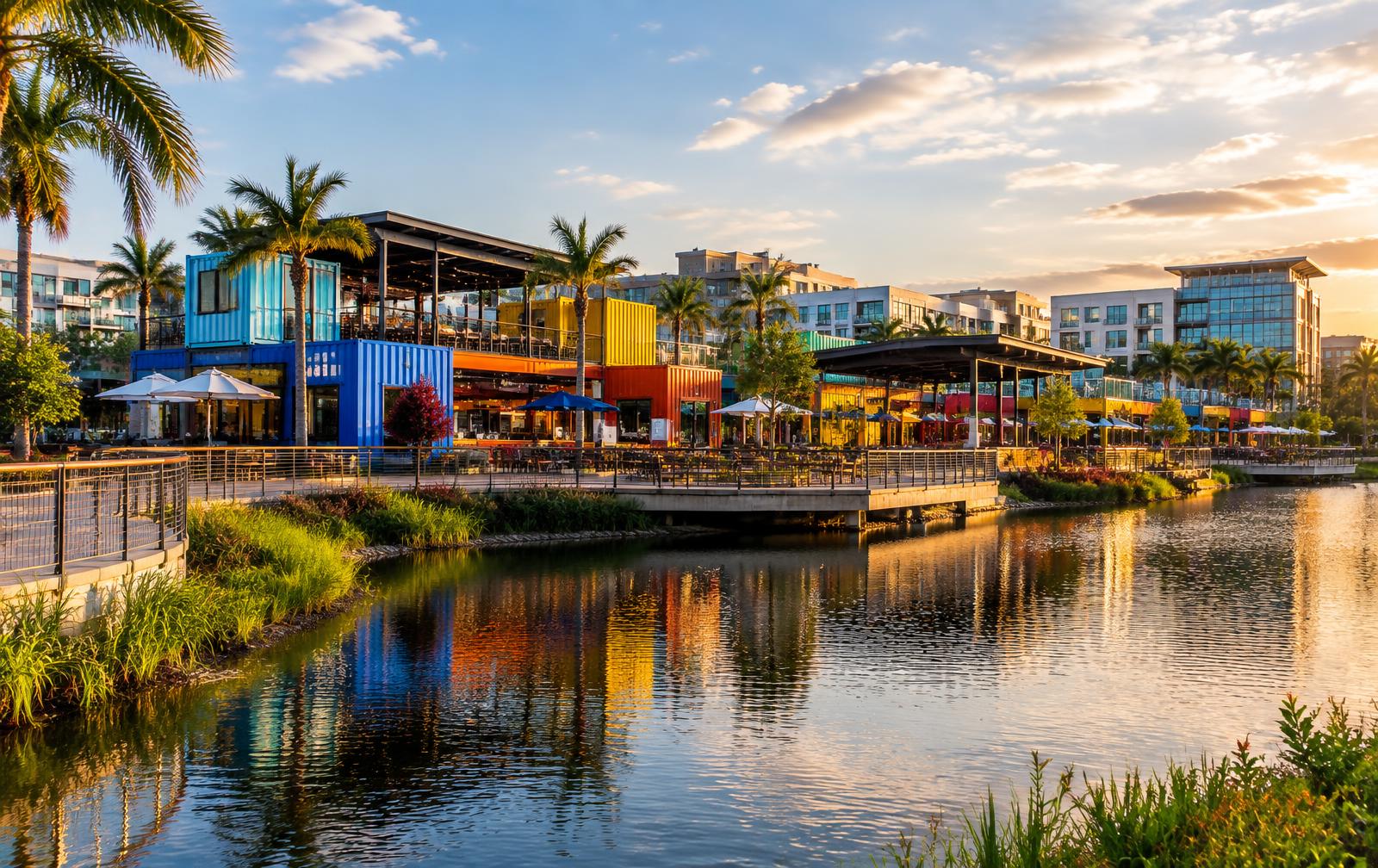 Colorful shipping-container dining pavilions beside the lake at Lake Nona Town Center