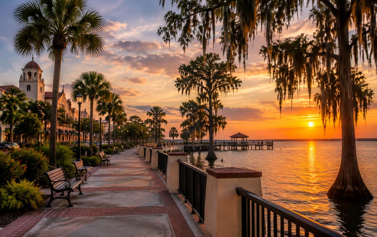 St. Cloud Lakefront Park promenade on East Lake Tohopekaliga at sunset