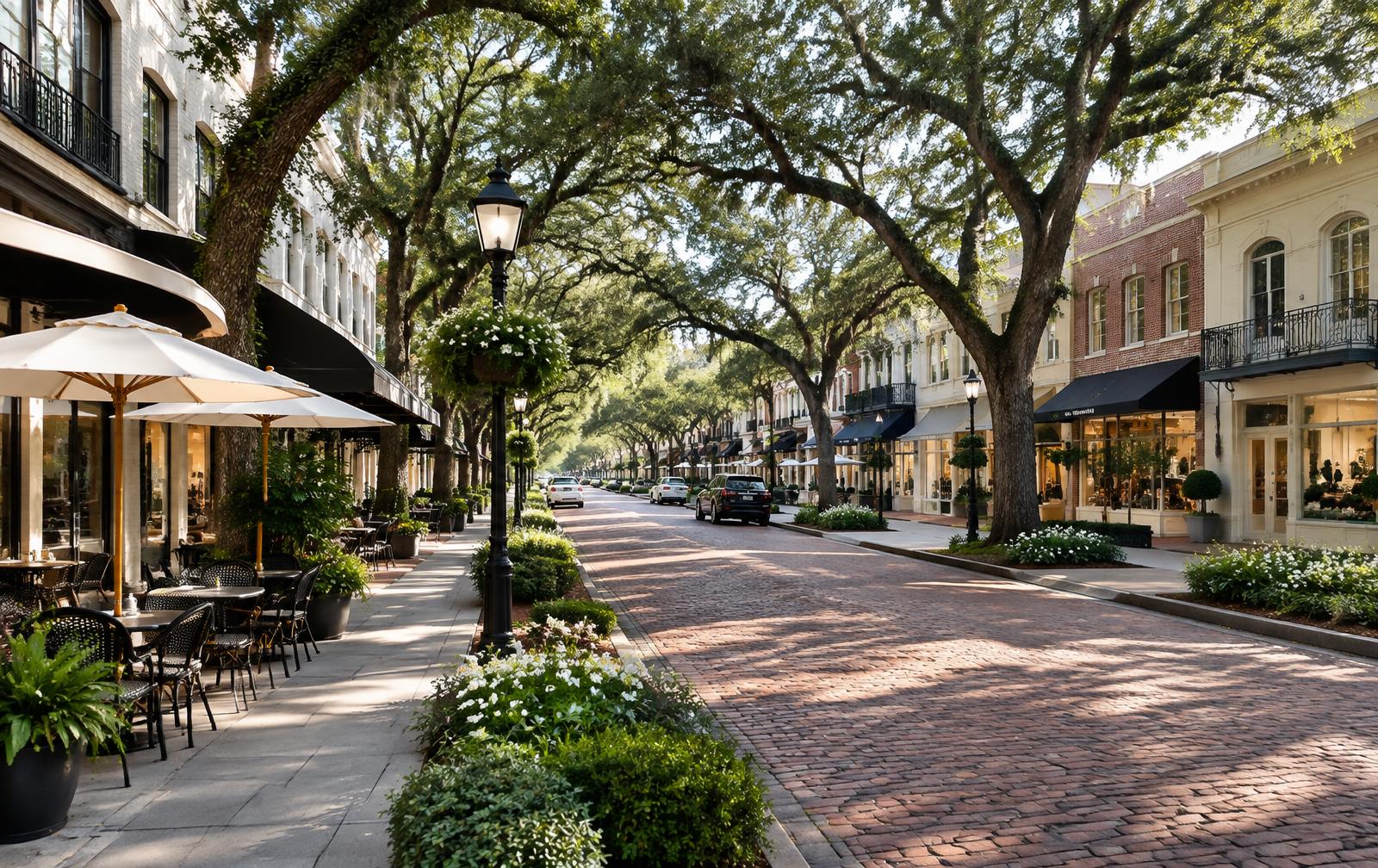 Park Avenue in Winter Park beneath mature live oaks with brick paving and boutiques